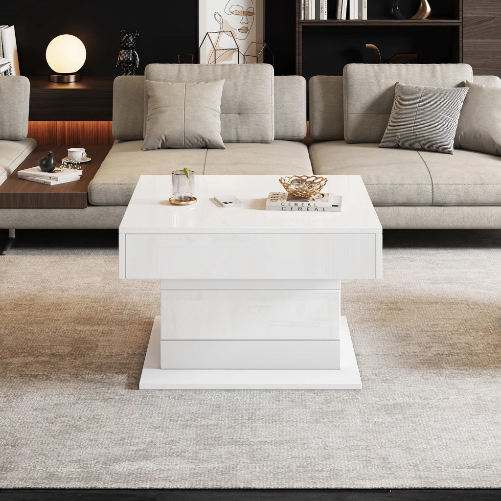 TAVOLINO da salotto 70x70x45 cm bianco lucido con piano sollevabile e cassetto