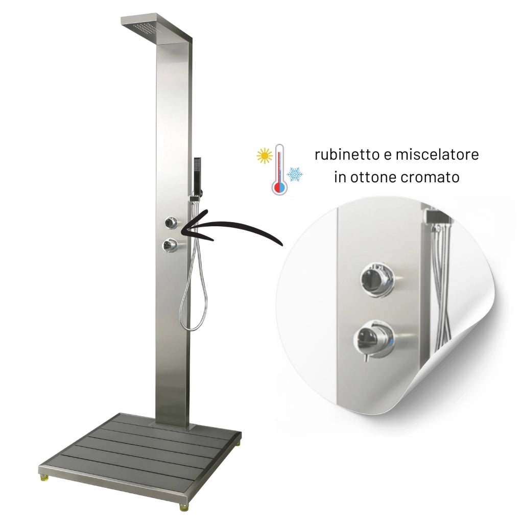 Doccia da esterno inox giardino cedro pavimento con pedana antiscivolo wpc