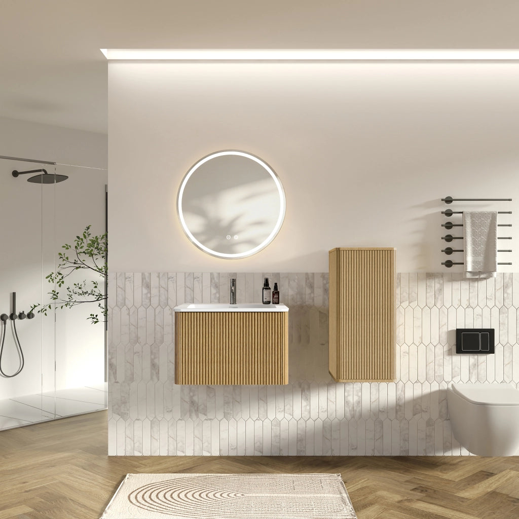 Armadietto da bagno sospeso con lavabo, specchio LED e armadietto laterale, per bagno, in rovere, 60 cm