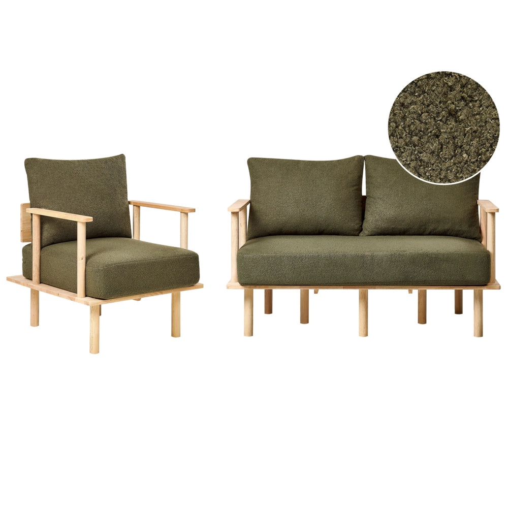 Set da salotto Tessuto verde scuro Boucle Struttura con gambe in legno Divano 2 posti Divano e Poltrona Soggiorno