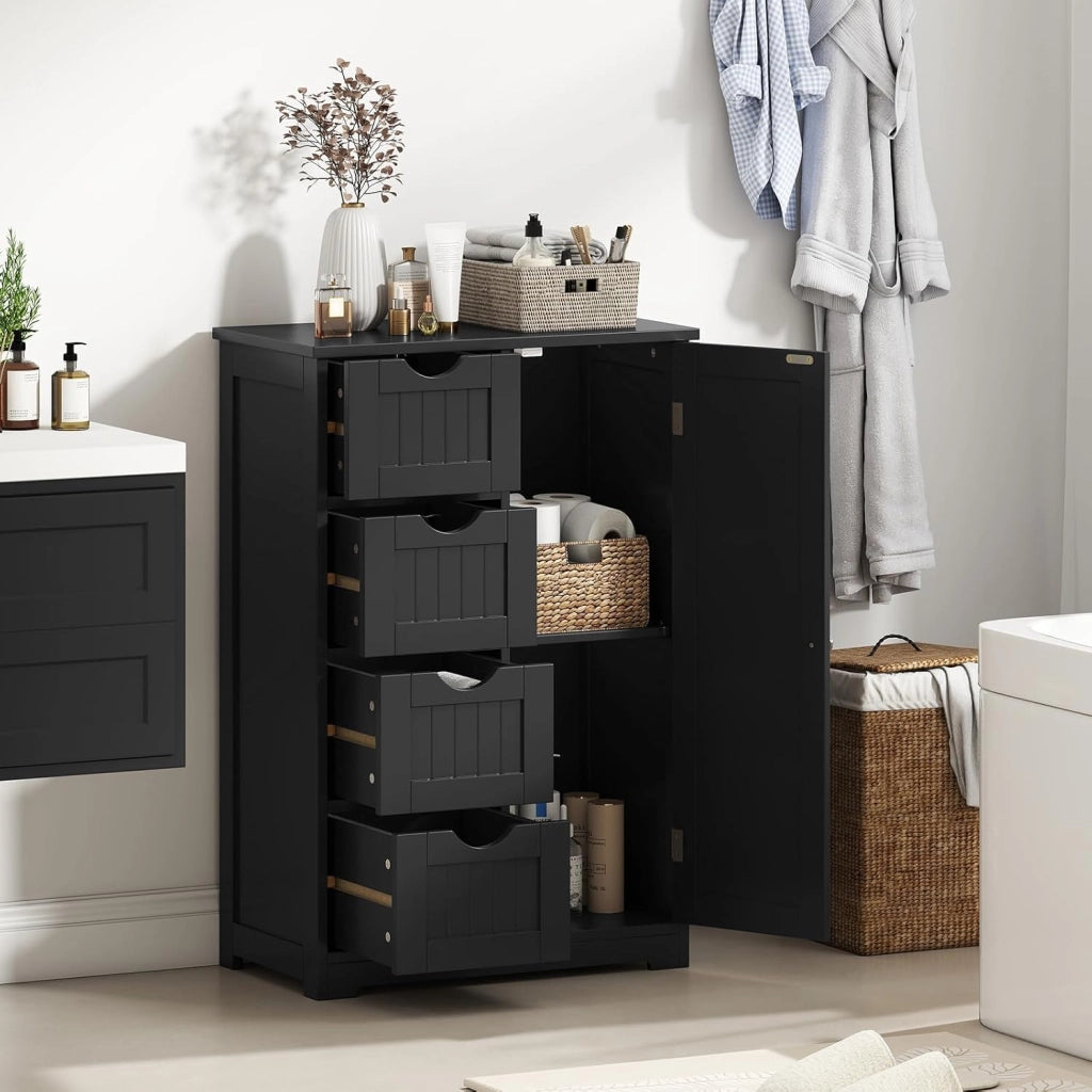 Armadietto portaoggetti da bagno con cassetti, organizer con 4 cassetti, ripiano regolabile, dispositivo anti-ribaltamento, console per ingresso, mobile da pavimento del bagno (nero)
