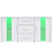 Credenza Moderna con LED Multicolore, 3 Cassetti e 2 Armadietti, Ampio Spazio, per Soggiorno e Cucina, 140x35x70 cm, Bianco