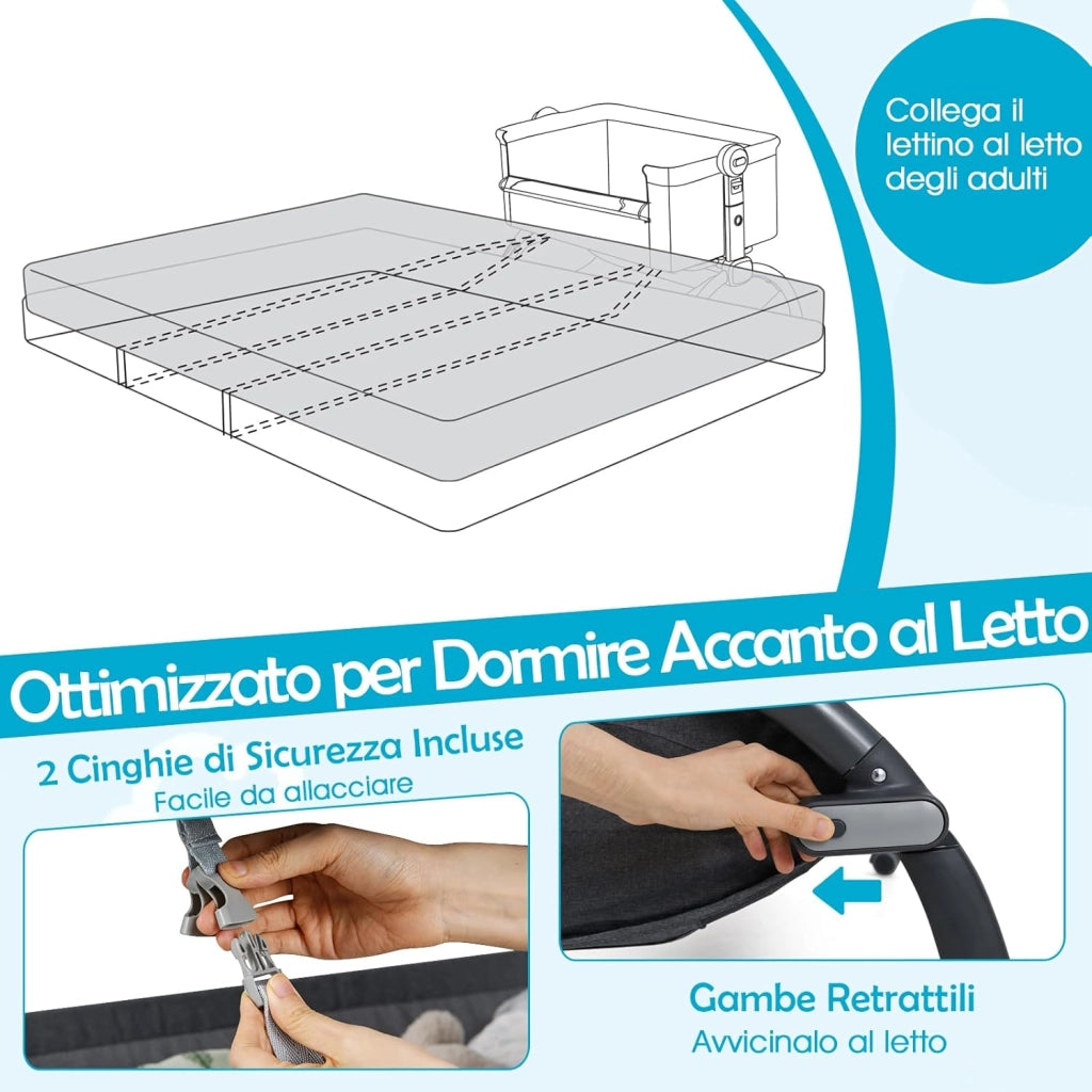 Culla Neonato, Culla Co-Sleeper Regolabile in Altezza a 7 Livelli, Ruote Bloccabili, Cesto Portaoggetti, Materasso e Baldacchino, Lettino Portatile e Pieghevole per Neonati 0-6 Mesi (Grigio)