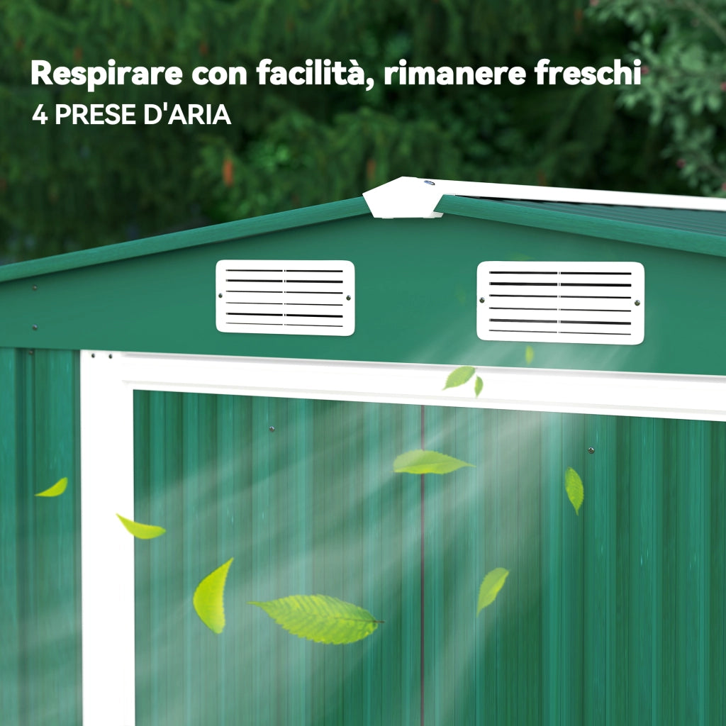 Casetta da Giardino Porta Utensili in Lamiera di Acciaio, Capanno da Giardino in Acciaio con Base e Porte Scorrevoli, 258x206x178cm, Verde