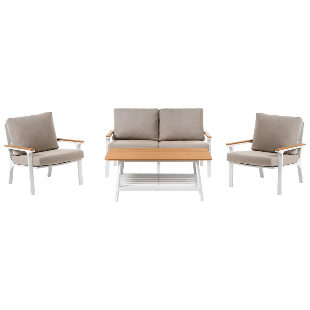 Set divani 4 posti in alluminio con tavolino e cuscini tortora stile moderno