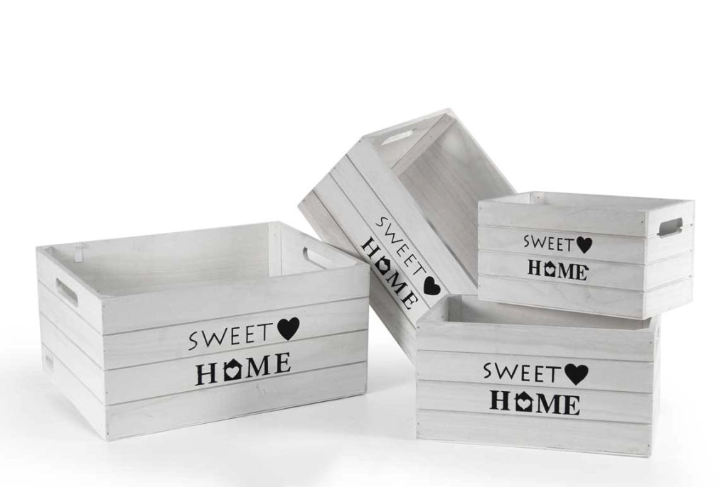 SET 4 CASSETTE DECORATIVE SWEET HOME IN LEGNO BIANCO STILE SHABBY