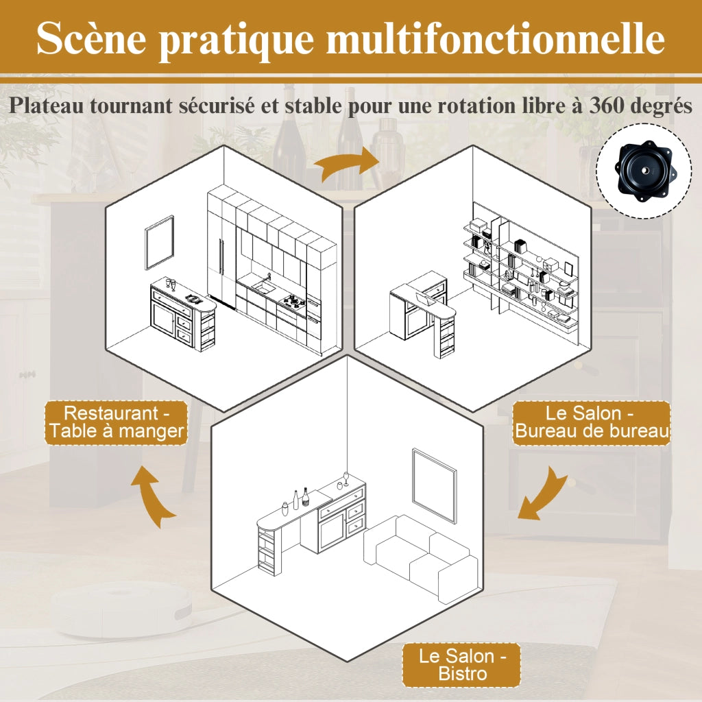 Tavolo Alto con 2 Cassetti a Ribalta e Vani Contenitore; Piano Girevole 360 per Cucina 138-204x39x105 cm