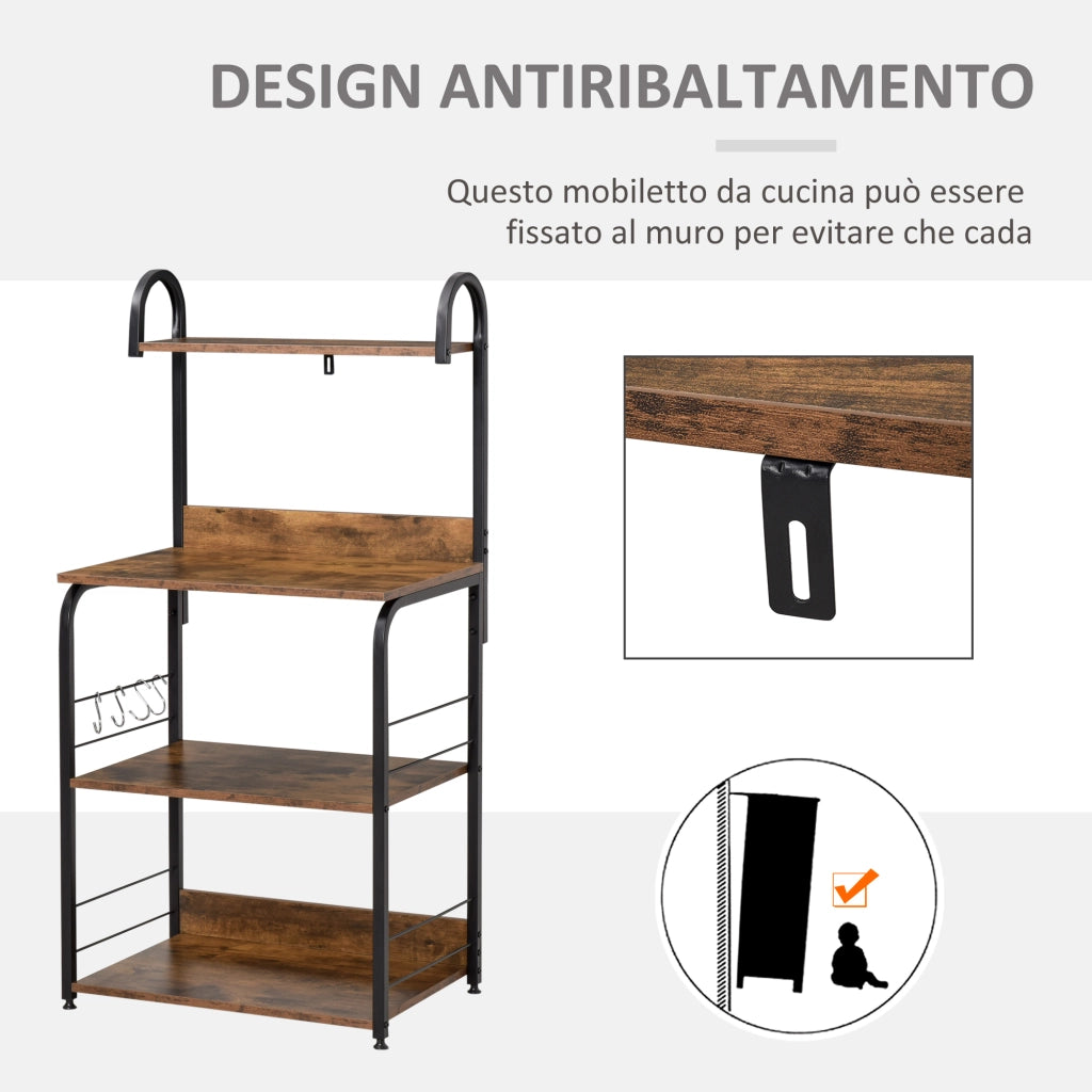 EasyComfort Mobiletto per Microonde a 4 Ripiani e 4 Ganci, Mobile Cucina in Acciaio e Legno 60x40x125cm, Marrone Rustico