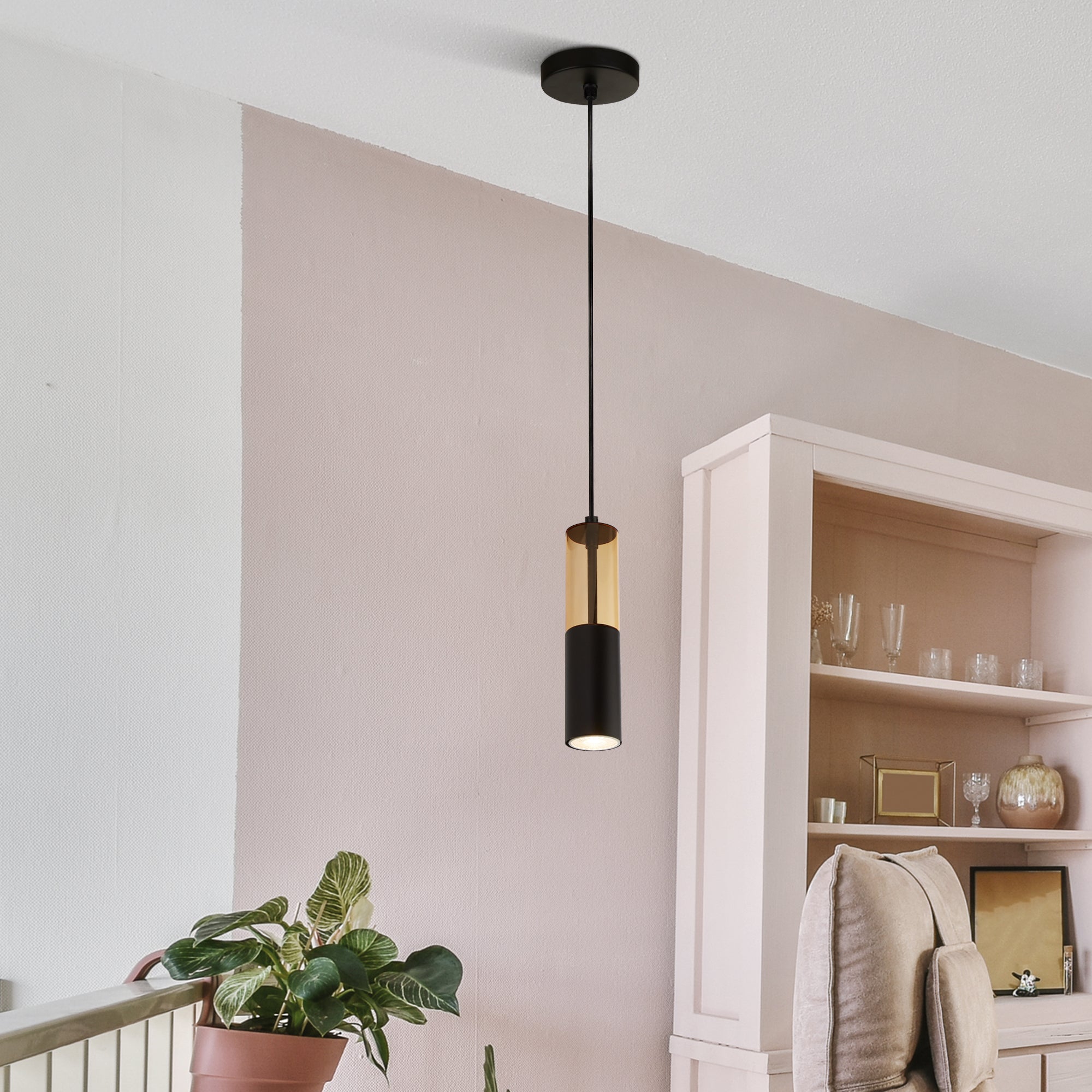 Sospensione Moderna Merrygold Acciaio Nero Ambra 1 Luce Gu10