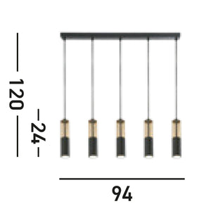 Lampadario Moderno Merrygold Acciaio Nero Ambra 5 Luci Gu10