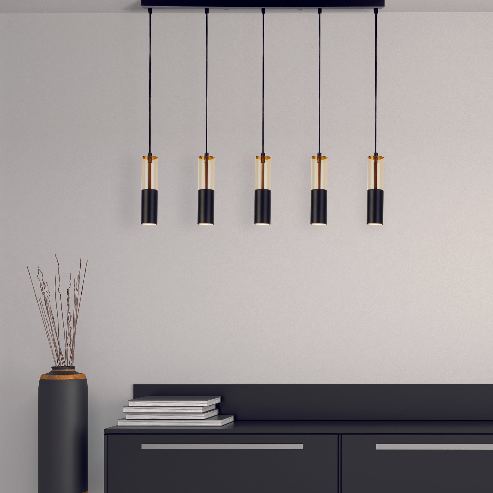 Lampadario Moderno Merrygold Acciaio Nero Ambra 5 Luci Gu10