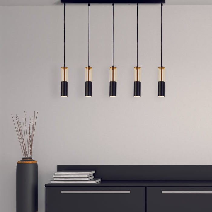 Lampadario Moderno Merrygold Acciaio Nero Ambra 5 Luci Gu10