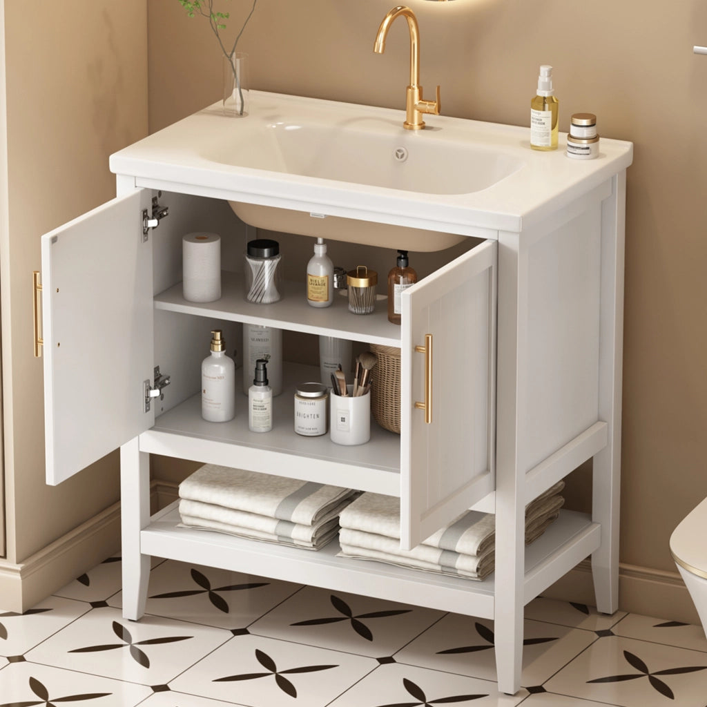 Mobile sottolavabo a pavimento bianco con lavabo in ceramica