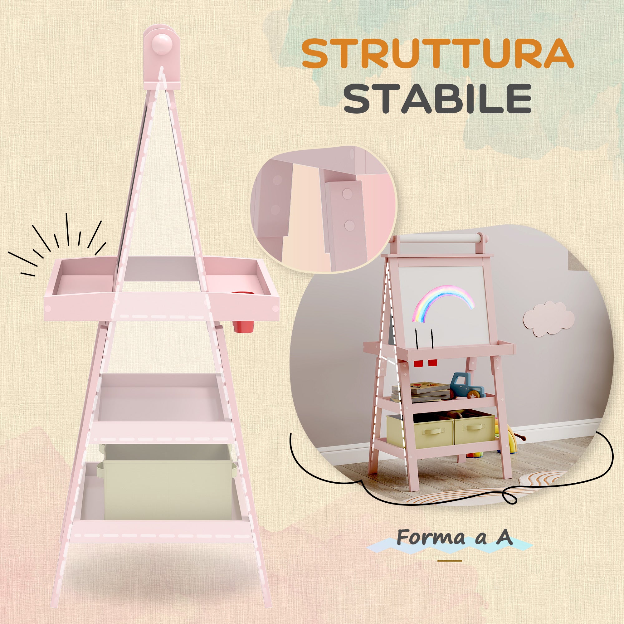 Lavagna per Bambini 59x48x118 cm a Gesso Magnetica e Rotolo di Carta in Legno Rosa