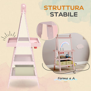 Lavagna per Bambini 59x48x118 cm a Gesso Magnetica e Rotolo di Carta in Legno Rosa