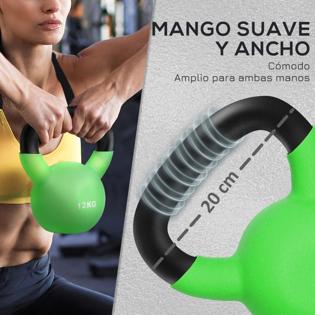 Kettlebell 12 kg ¨C Xylo ¨C Ghisa con Rivestimento in Neoprene Verde 20x13x23 cm