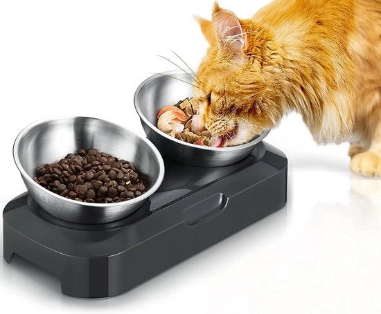 Ciotola per gatti elevata con acciaio inossidabile e cuscino antiscivolo in silicone - collo inclinabile - animali domestici e cuccioli