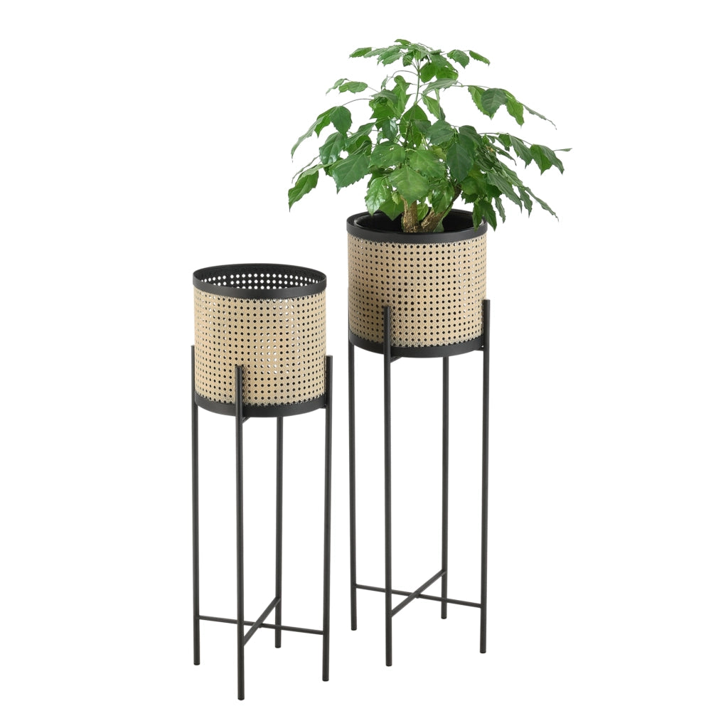 Set di 2 Portavasi in Metallo Supporto Nero con Coprivaso Cilindrico in Color Sabbia - Portapiante in 2 Misure Diverse