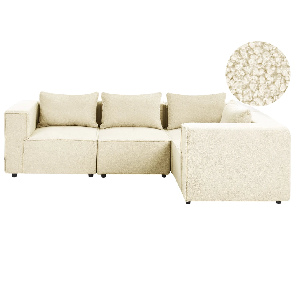 Divano a 4 posti in tessuto bouclè modulare bianco sporco lato sinistro stile minimale moderno