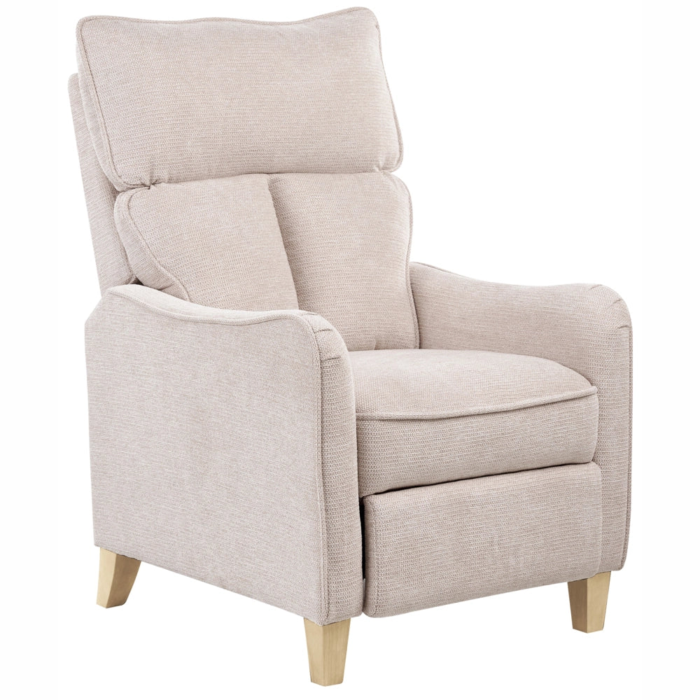 Poltrona reclinabile in tessuto beige con schienale regolabile e poggiapiedi estraibile in stile vintage