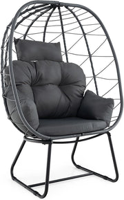 Poltrona in Rattan da Giardino, Sedia a Nido con Cuscino Rimovibile, Supporto in Metallo, Sedia a Uovo da Interni ed Esterni, Portata 150 kg, 100 x 76 x 145 cm (Grigio)