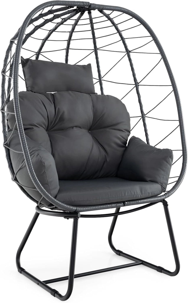 Poltrona in Rattan da Giardino, Sedia a Nido con Cuscino Rimovibile, Supporto in Metallo, Sedia a Uovo da Interni ed Esterni, Portata 150 kg, 100 x 76 x 145 cm (Grigio)