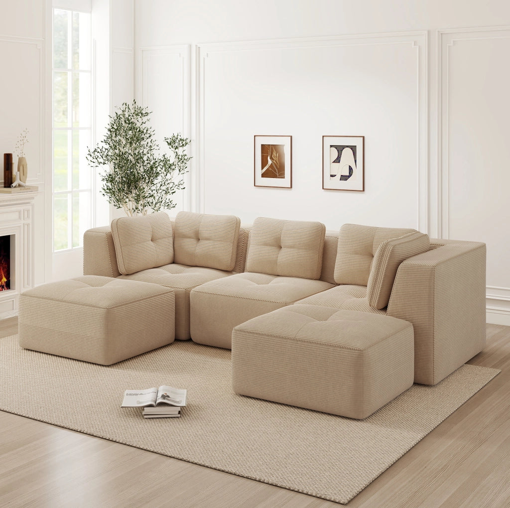 Divano angolare modulare in corduroy beige 297x177x69 cm con seduta profonda