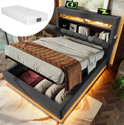 Letto singolo 90x200 cm in lino grigio con LED; ricarica USB e Type-C; contenitore e materasso