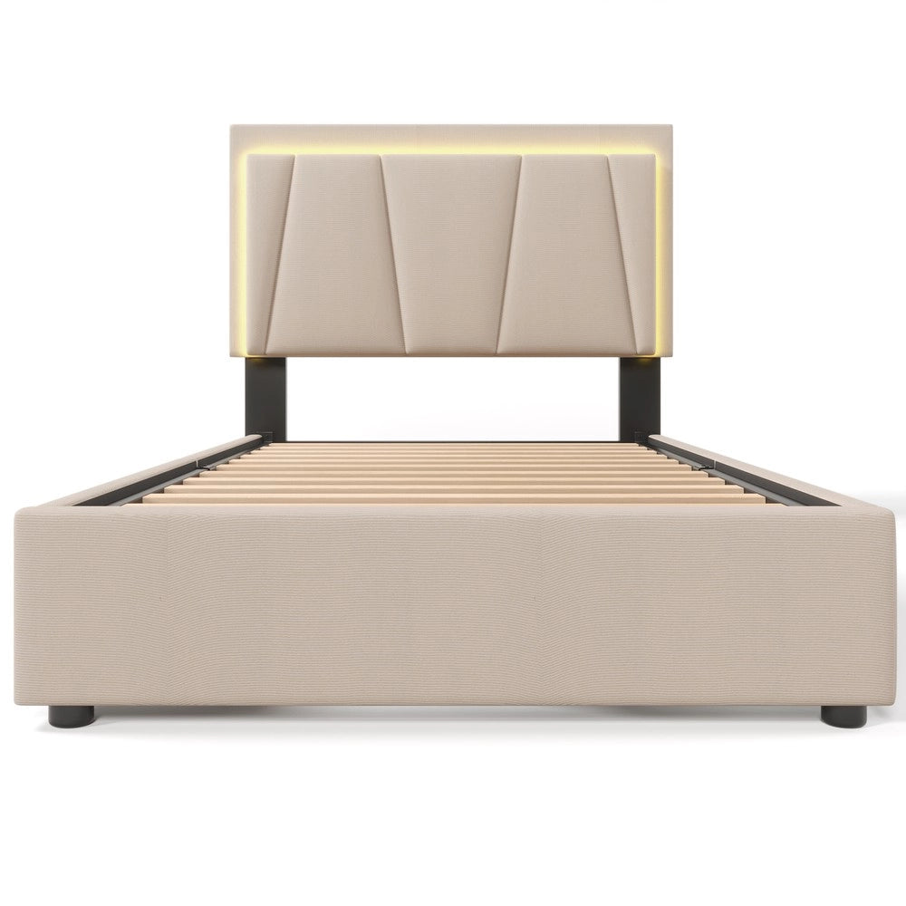 Letto Singolo Imbottito con LED, Testiera Regolabile e 2 Cassetti ¨C MINIMAL ¨C Beige, 90x200, con Materasso