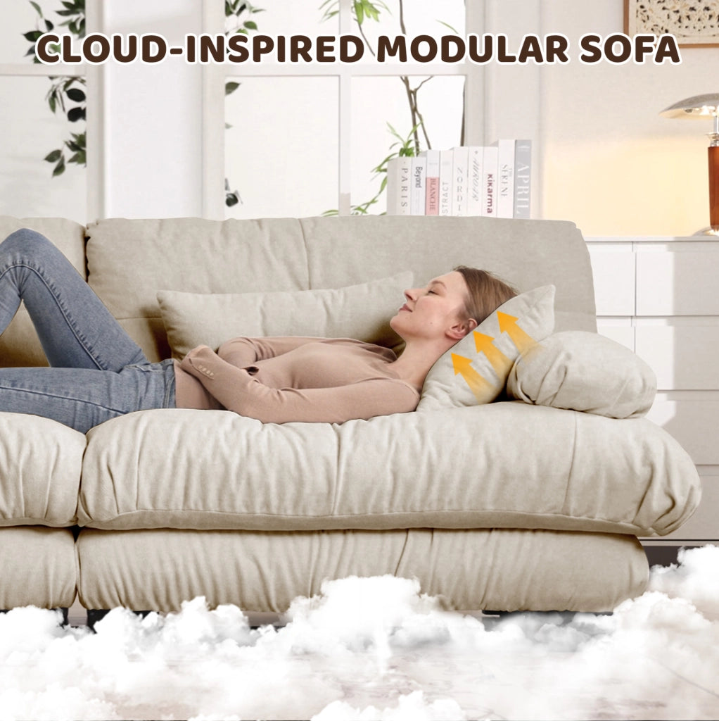 Divano angolare modulare 4 posti in chenille vintage beige chiaro con pouf mobile