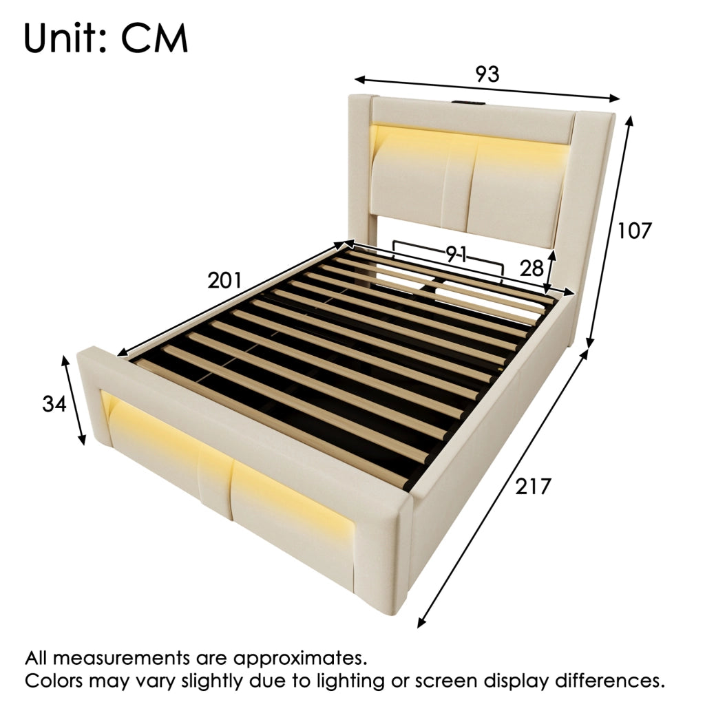 Letto singolo 90x200 cm con contenitore; LED; USB e Type-C; velluto beige; con materasso