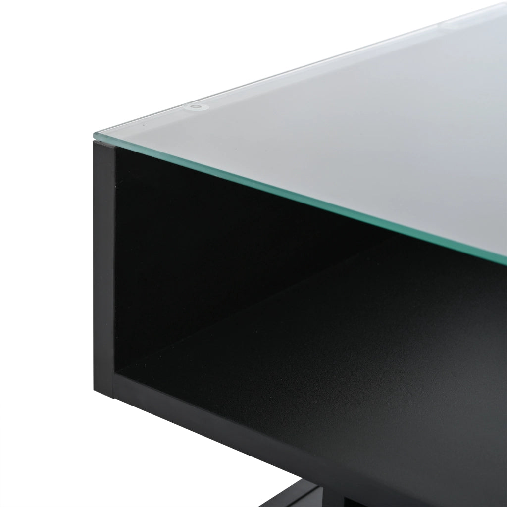 Tavolino da caffè 80x80x45 cm; alzabile con vano nascosto e LED; pannello truciolare e vetro temperato nero