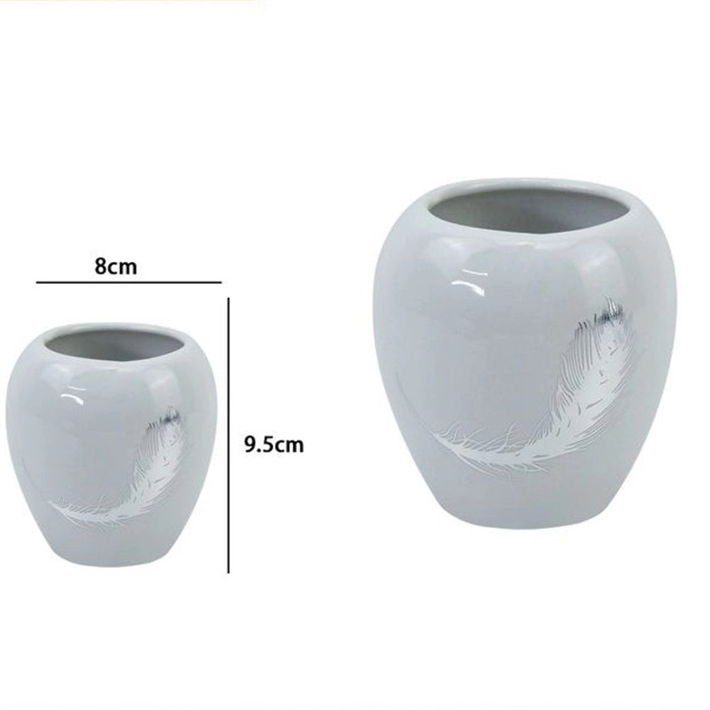 Trade Shop - Bicchiere Portaspazzolini Ceramica Bianca Decorato Con Piuma Argento Bagno 59899 -