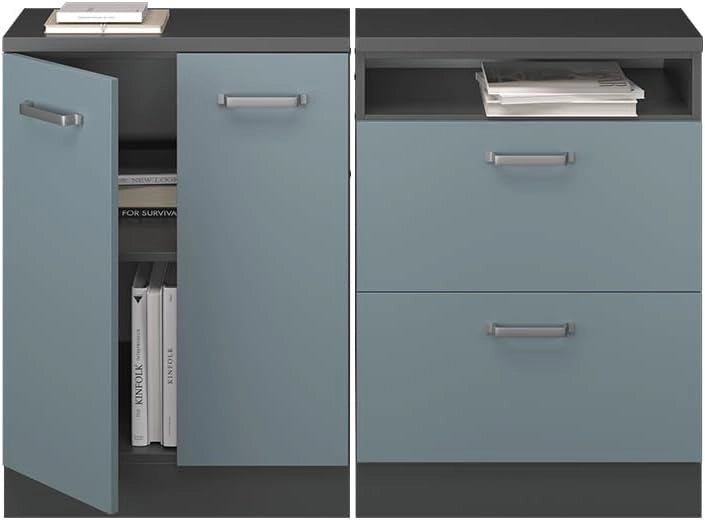 Set di mobili sottotetto Rion, Grigio-blu, 120 cm Set di 2 carcasse armadio profondità 60 cm, adatto per il salvaspazio sotto tetti spioventi