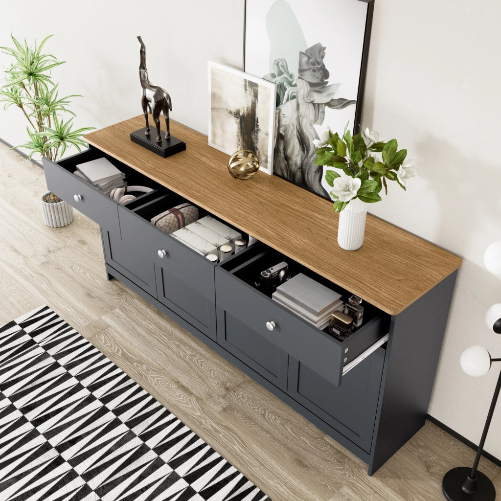 Credenza in MDF con 3 cassetti, 4 ante e ripiani regolabili, stile country, legno e grigio nero 160 × 37 × 75 cm