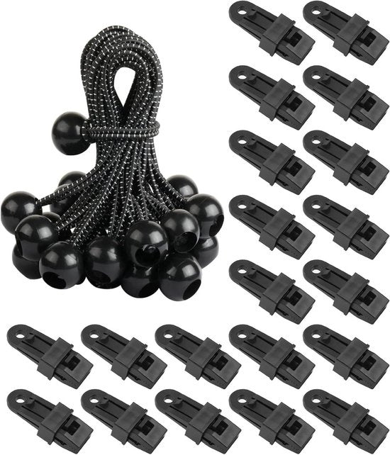 Set di Clip per Tenda con Sferette Elastiche - 40 pezzi - Nero - Accessori per Camping.
