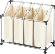 Opvouwbare wasmand met 4 vakken - handgrepen en wielen - wassorteerder met afneembare zakken - 96 x 39 x 82 cm