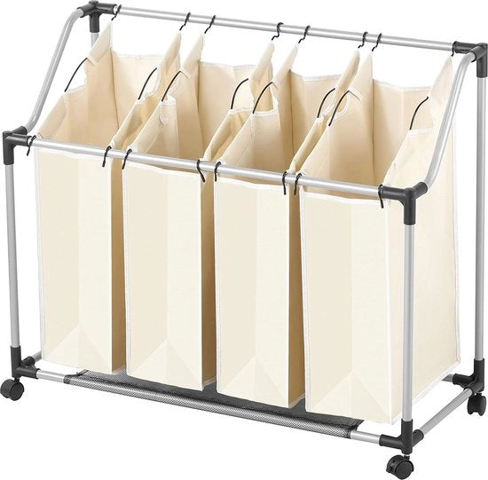 Opvouwbare wasmand met 4 vakken - handgrepen en wielen - wassorteerder met afneembare zakken - 96 x 39 x 82 cm