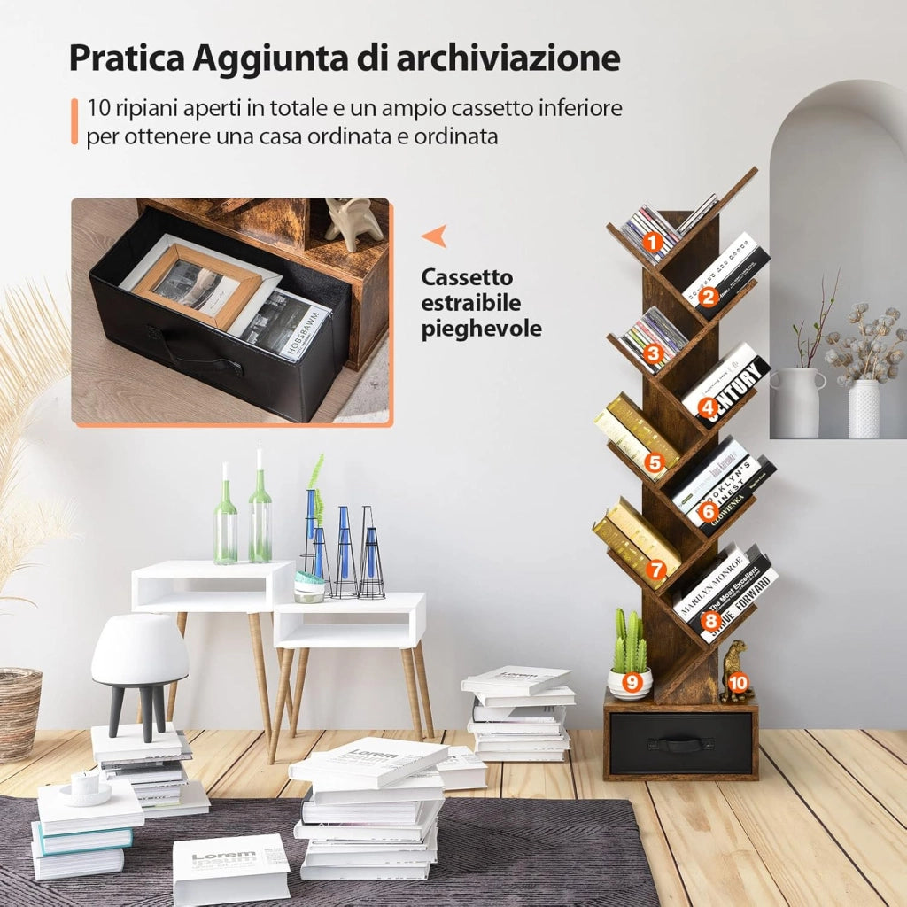 Libreria ad Albero in Legno, Scaffale a 10 Ripiani con Cassetto, Portaoggetti Autoportante per Soggiorno, Studio e Ufficio, 38 x 20 x 150 cm (Marrone)