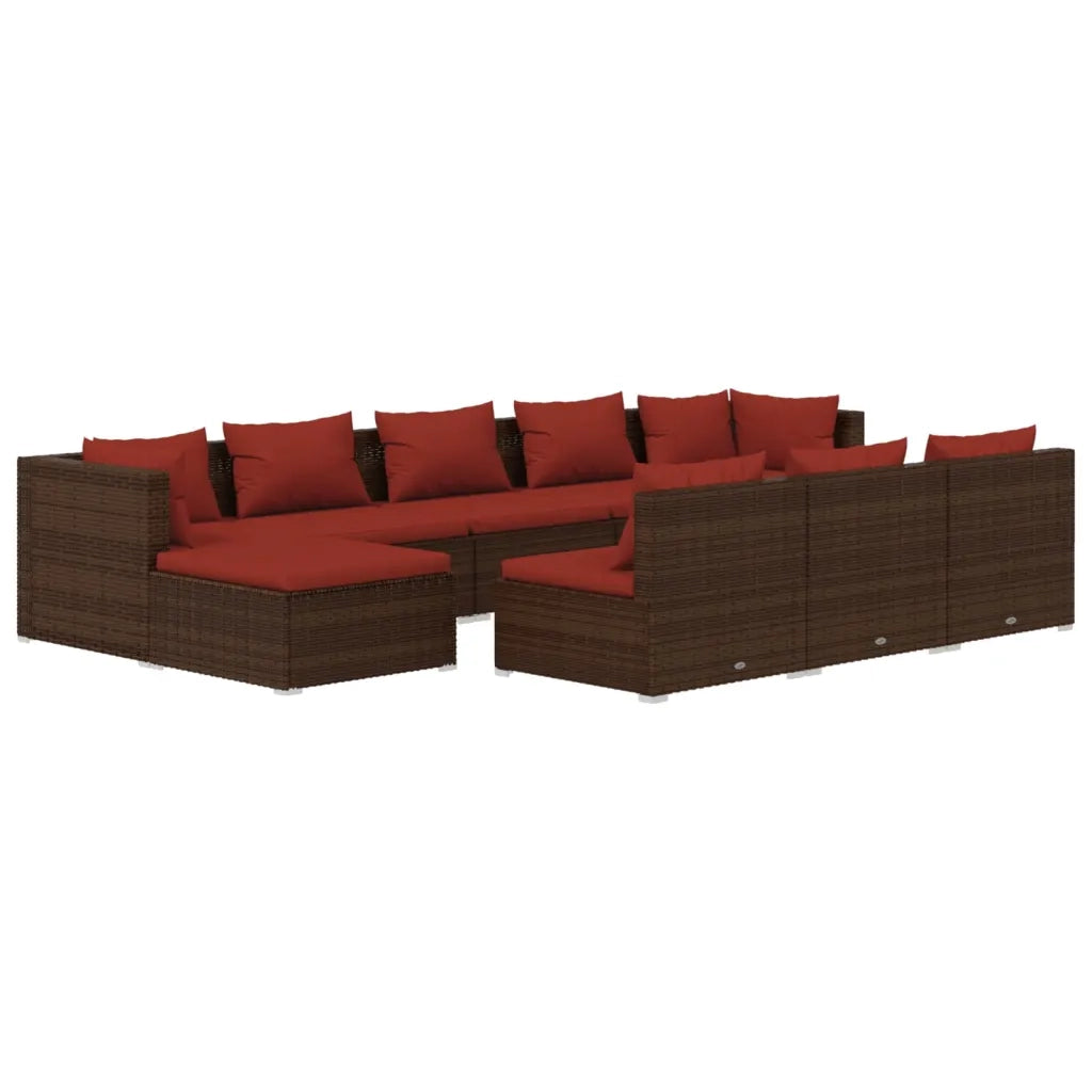Set Divani da Giardino 10 pz con Cuscini in Polyrattan Marrone