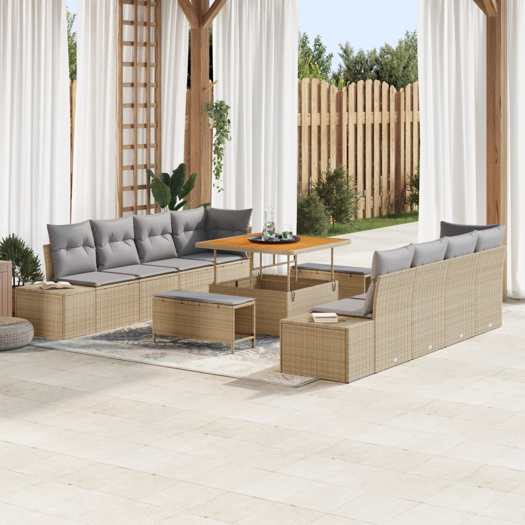 Set divano da giardino in 11 pezzi con cuscini beige polyrattan acacia