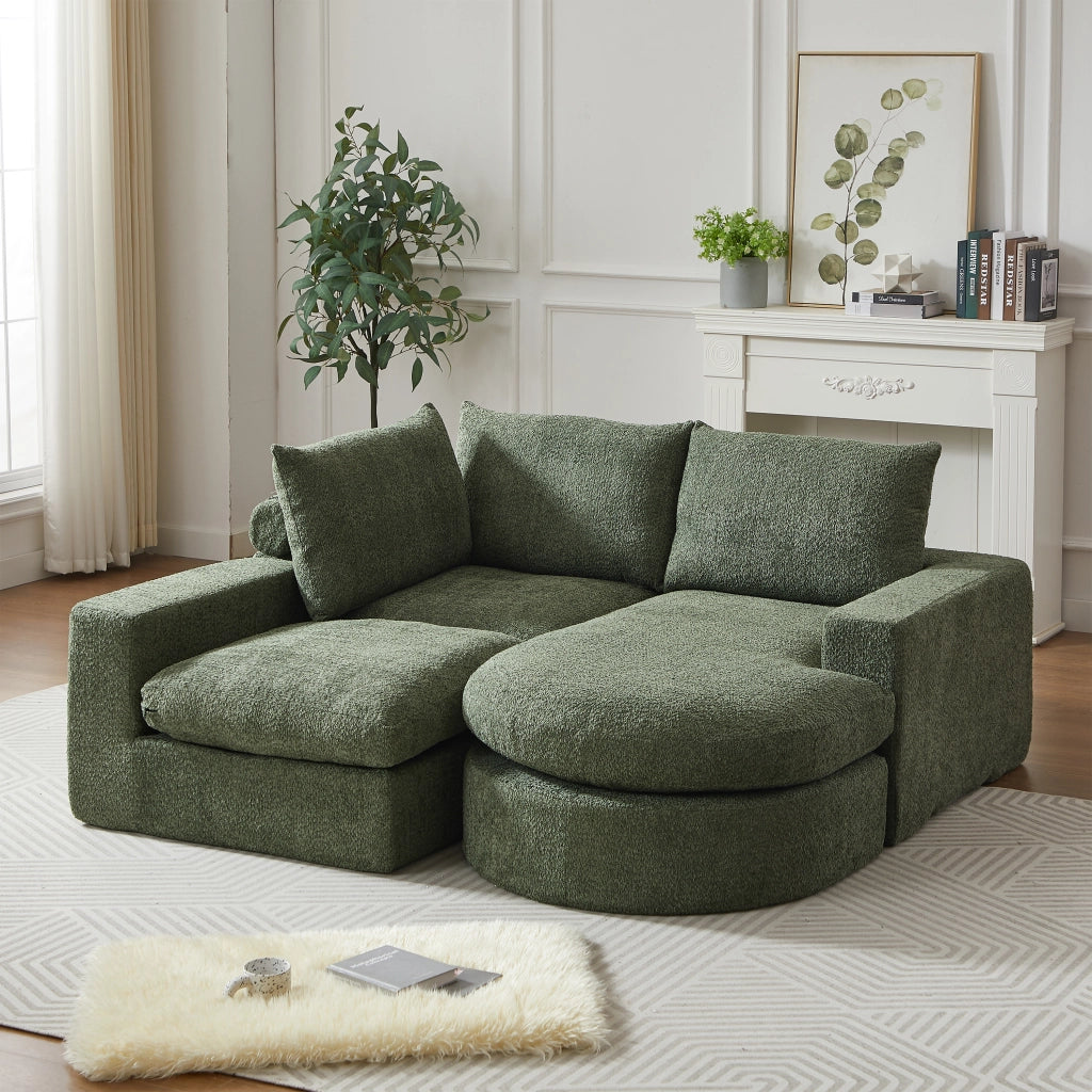 Divano angolare modulare con chaise longue reversibile e cuscini in ciniglia verde 251×160×81 cm