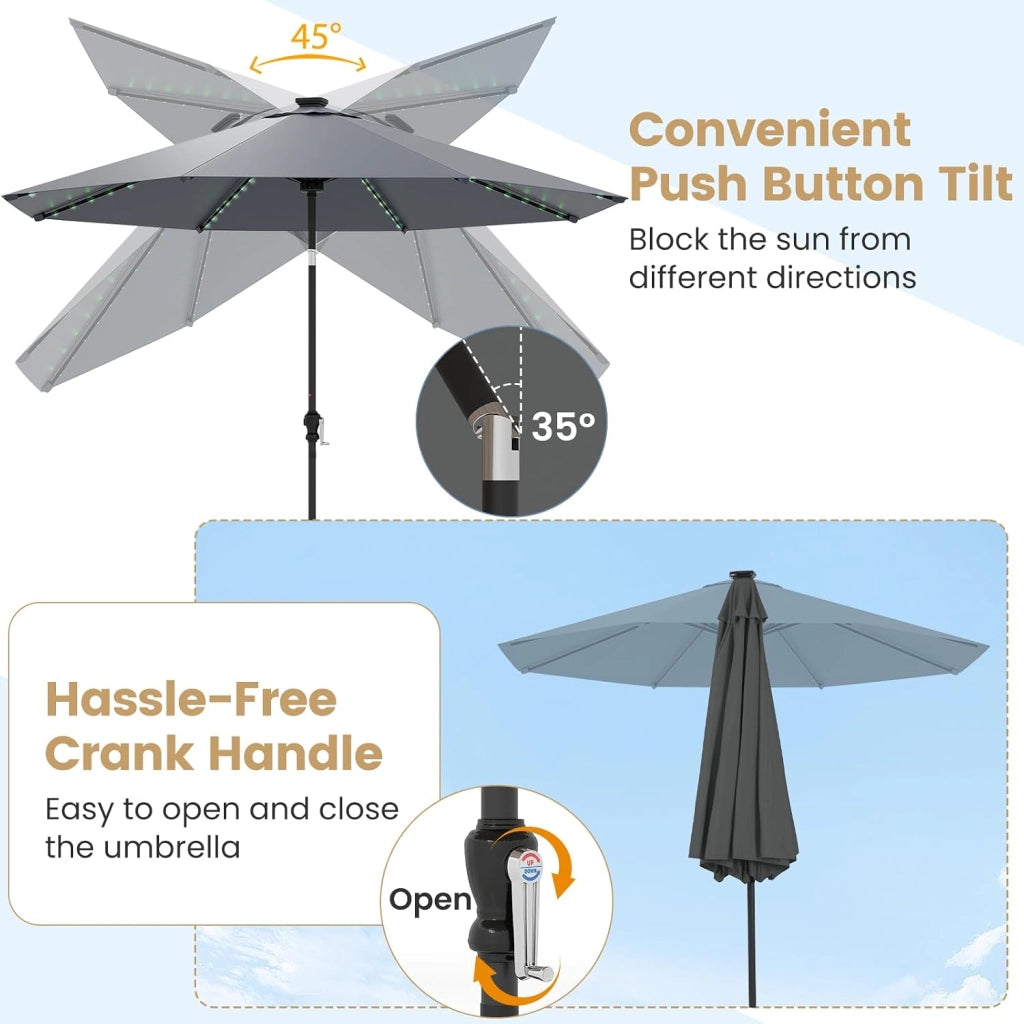 Ombrellone da Giardino φ3 m, con 96 Luci LED, 9 Modalità, Manovella, Ombrellone Parasole da Patio Inclinabile con 8 Osse, per Balcone, Spiaggia, Piscina, Base Non Inclusa