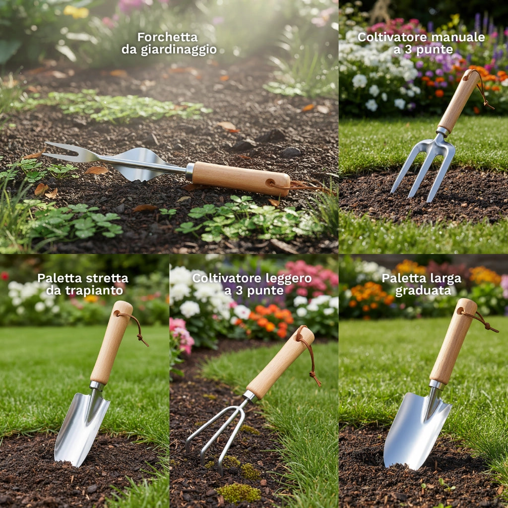 Set Attrezzi da Giardinaggio 10 Pezzi  – Kit Completo con Paletta, Trapiantatore, Forchetta, Rastrello, Forbici da Potatura, Guanti, Spruzzino e Ginocchiere – Attrezzi Giardino con Manico Ergonomico