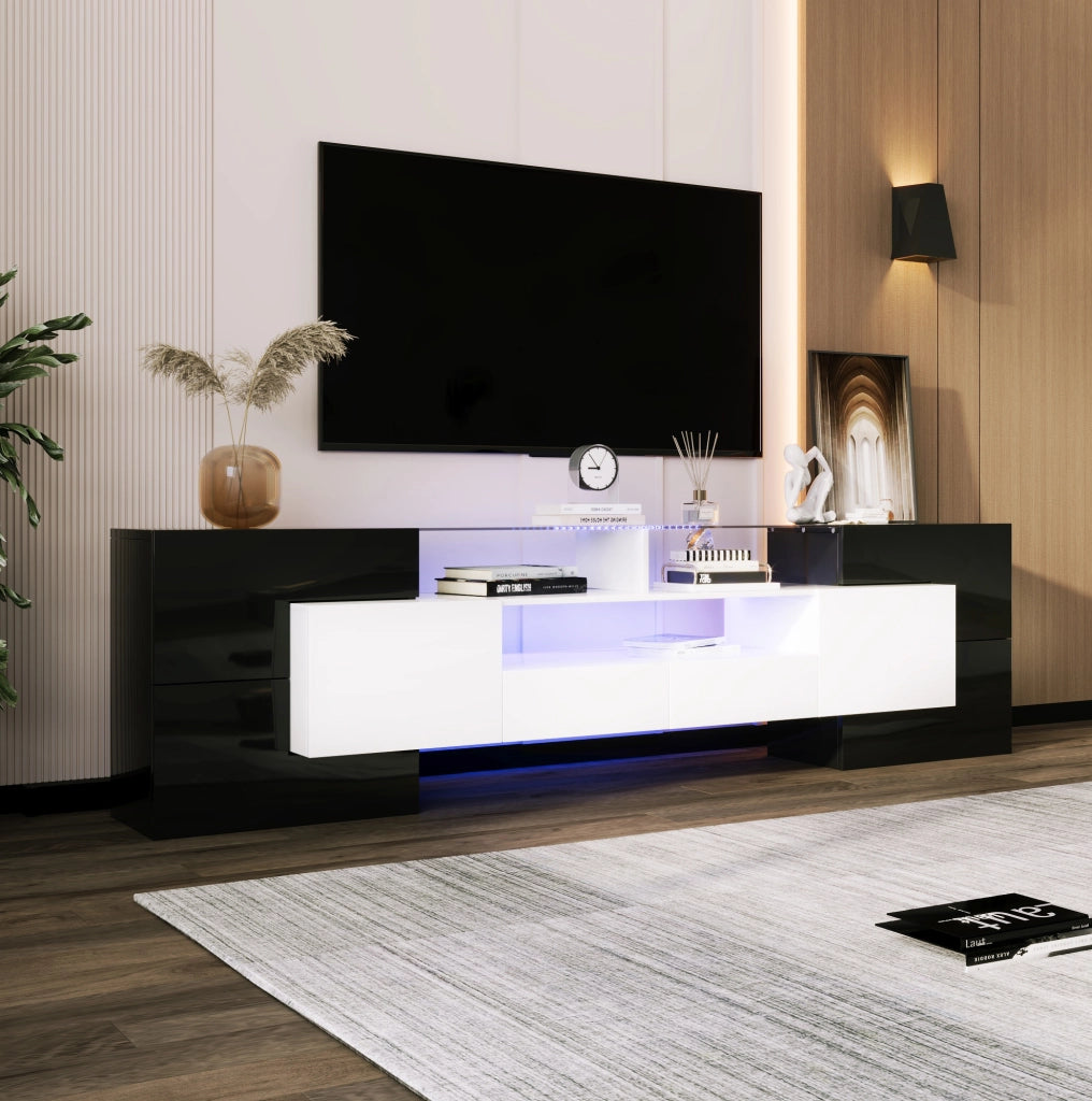 Mobile TV con LED multicolore, 4 ante e 2 cassetti, nero e bianco, 200 cm