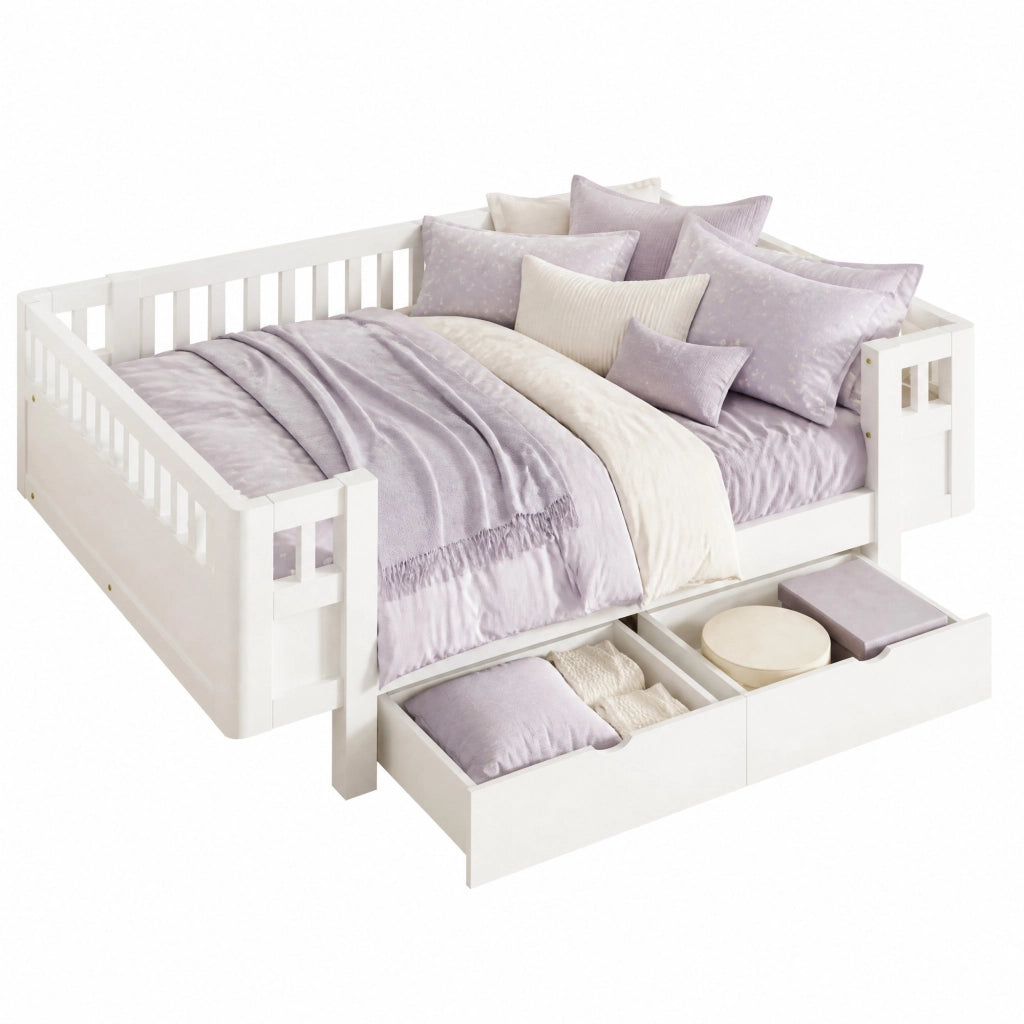 Letto per bambini con barriera alta e 2 cassetti, bianco