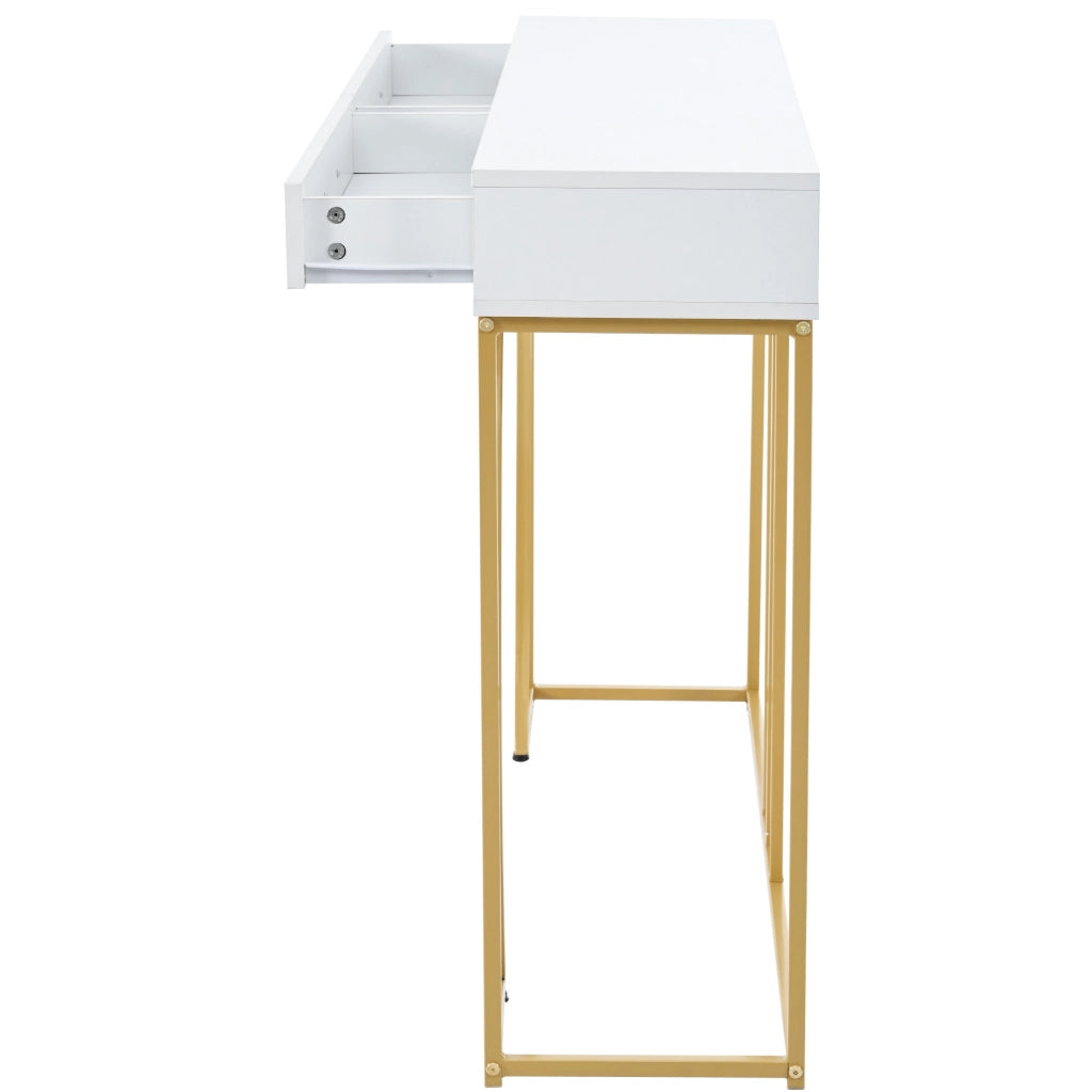 Tavolo consolle bianco in MDF con struttura metallica e cassetto