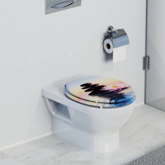 Braccio per WC SUNSET con meccanismo softclose in legno | braccio per WC con coperchio WC | coperchio WC in legno con motivo (massima carico del braccio per WC 175 kg) | pelle