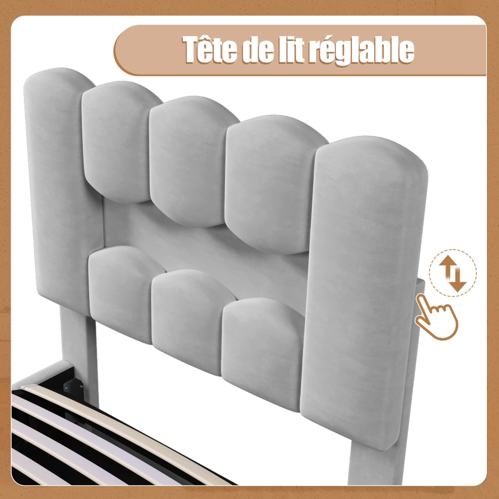 Letto singolo 90×200 cm contenitore con LED e testiera regolabile; senza materasso; velluto; grigio