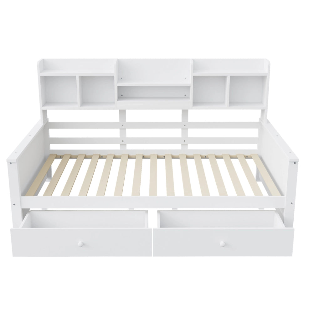 Divano letto 90x200 cm in legno con 2 cassetti e vani laterali; bianco
